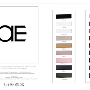 Peut inclure: Un nuancier de 18 &eacute;chantillons de tissu dans diff&eacute;rentes couleurs, notamment noir, blanc, rose, fuchsia, orange, rouge, bordeaux, bleu royal, bleu marine, turquoise et vert &eacute;meraude. Le nuancier est intitul&eacute; "CREPE" et pr&eacute;sente les lettres "AE" en gras, en noir.