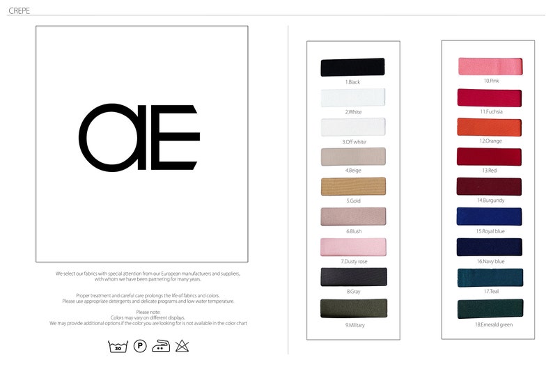 Peut inclure: Un nuancier de 18 &eacute;chantillons de tissu dans diff&eacute;rentes couleurs, notamment noir, blanc, rose, fuchsia, orange, rouge, bordeaux, bleu royal, bleu marine, turquoise et vert &eacute;meraude. Le nuancier est intitul&eacute; "CREPE" et pr&eacute;sente les lettres "AE" en gras, en noir.