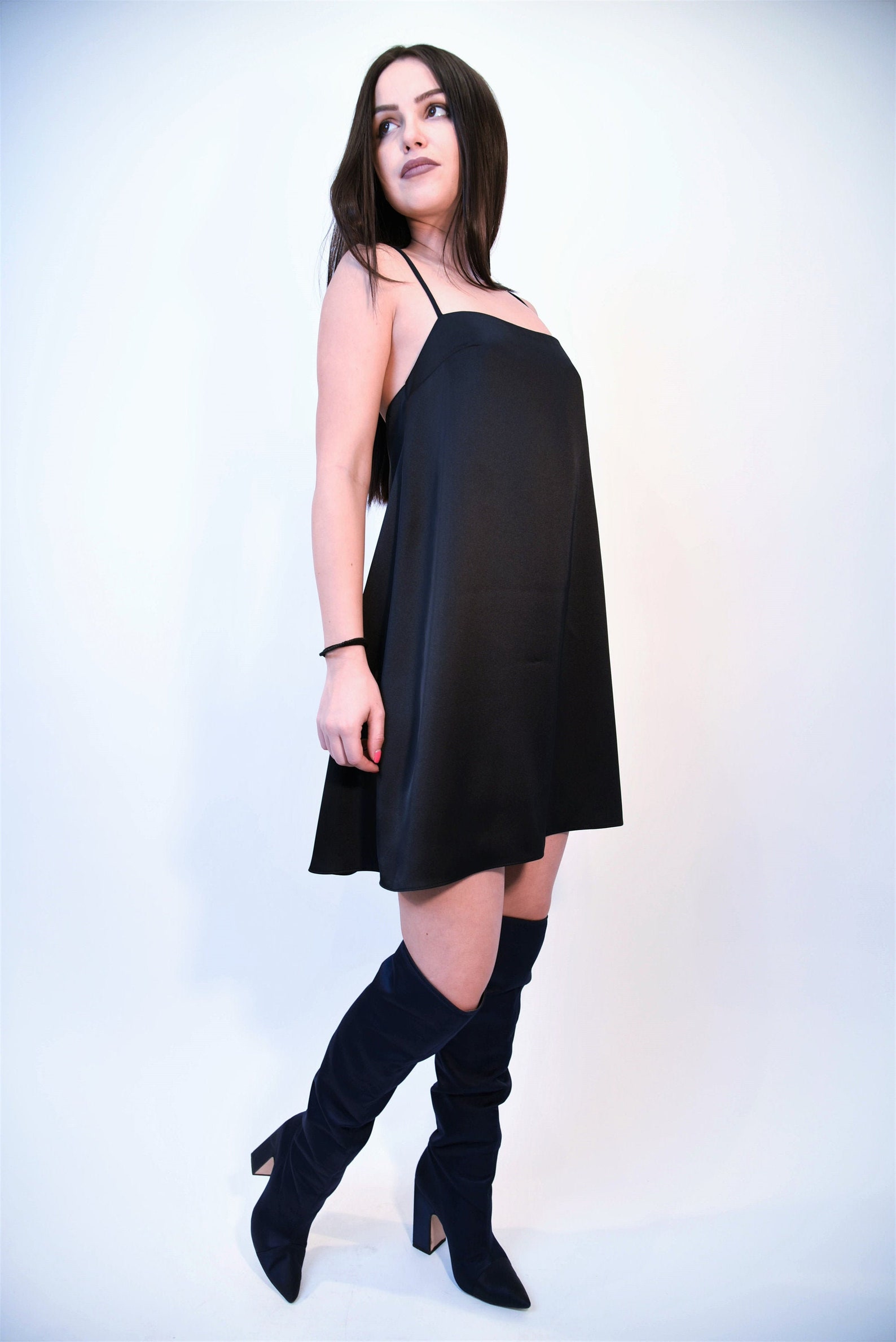 short black satin slip dress