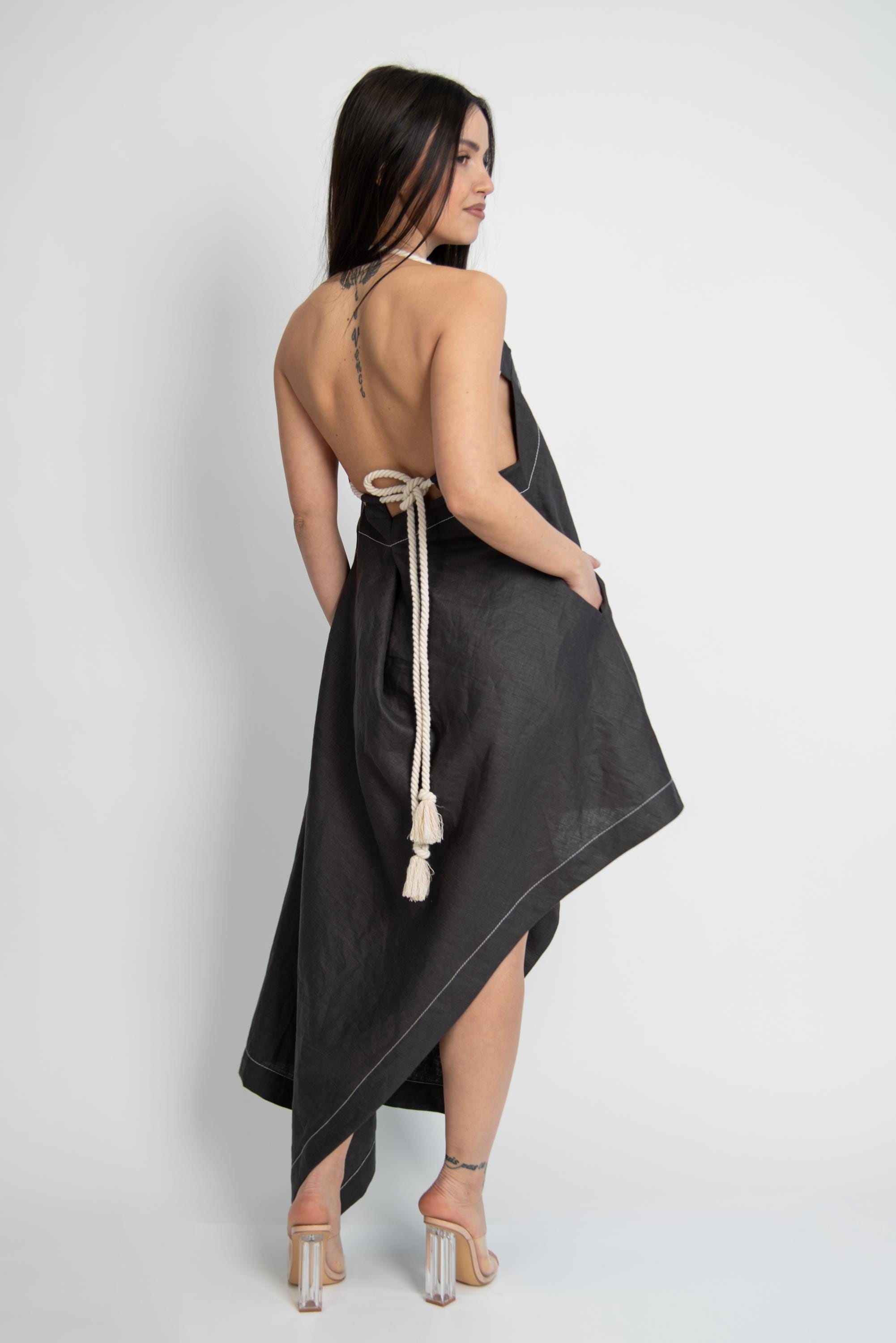 Backless Linen Maxi Dress, Asymmetrical Summer Dress With Rope - Etsy