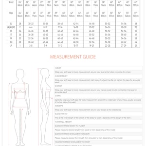 May include: Size chart for clothing with measurements in inches and centimeters. The chart includes sizes from XXS to 4XL. The chart also includes a diagram of a woman's body with labels for bust, underbust, waist, hips, biceps, leg inseam, overall height, length from waist to floor, length from shoulder to floor, length from shoulder to waist, and length from under bust to waist.
