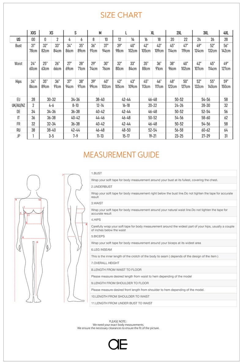 May include: Size chart for clothing with measurements in inches and centimeters. The chart includes sizes from XXS to 4XL. The chart also includes a diagram of a woman's body with labels for bust, underbust, waist, hips, biceps, leg inseam, overall height, length from waist to floor, length from shoulder to floor, length from shoulder to waist, and length from under bust to waist.