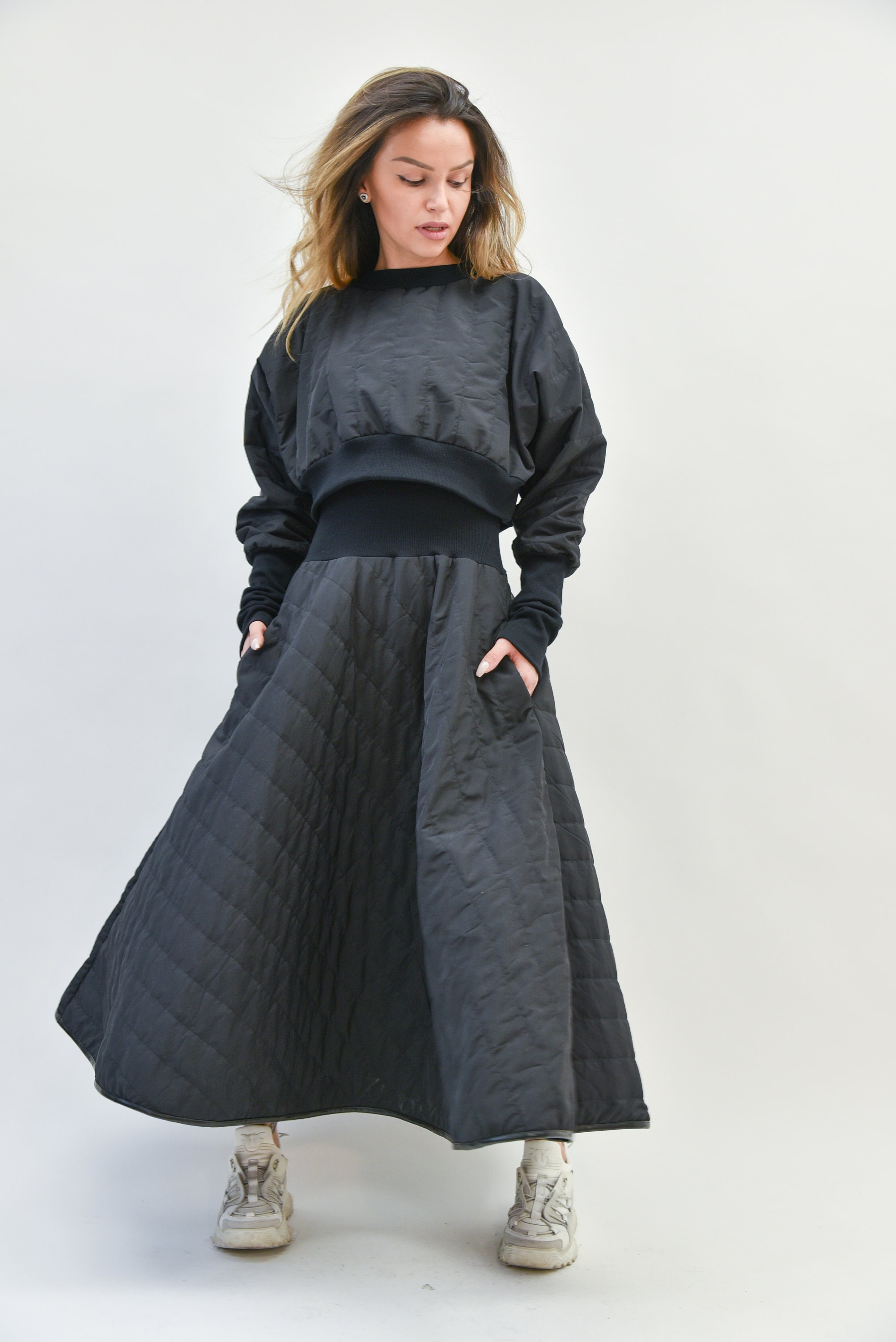 Quilted Top/Black Oversized Blouse/Oversized Sleeve Crop Top/Quilted Blouse/Handmade Top/Extravagant Tunic/Asymmetric Blouse/Hoodie/AE129