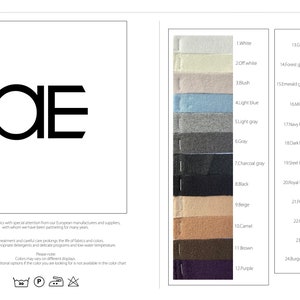 May include: A color chart showing 24 different colors of cashmere wool fabric. The colors are arranged in two columns. The colors include white, off-white, blush, light blue, light gray, gray, charcoal gray, black, beige, camel, brown, purple, green, forest green, emerald green, military, navy blue, dark blue, steel blue, royal blue, periwinkle, coral, red, and burgundy.