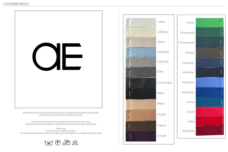 May include: A color chart showing 24 different colors of cashmere wool fabric. The colors are arranged in two columns. The colors include white, off-white, blush, light blue, light gray, gray, charcoal gray, black, beige, camel, brown, purple, green, forest green, emerald green, military, navy blue, dark blue, steel blue, royal blue, periwinkle, coral, red, and burgundy.