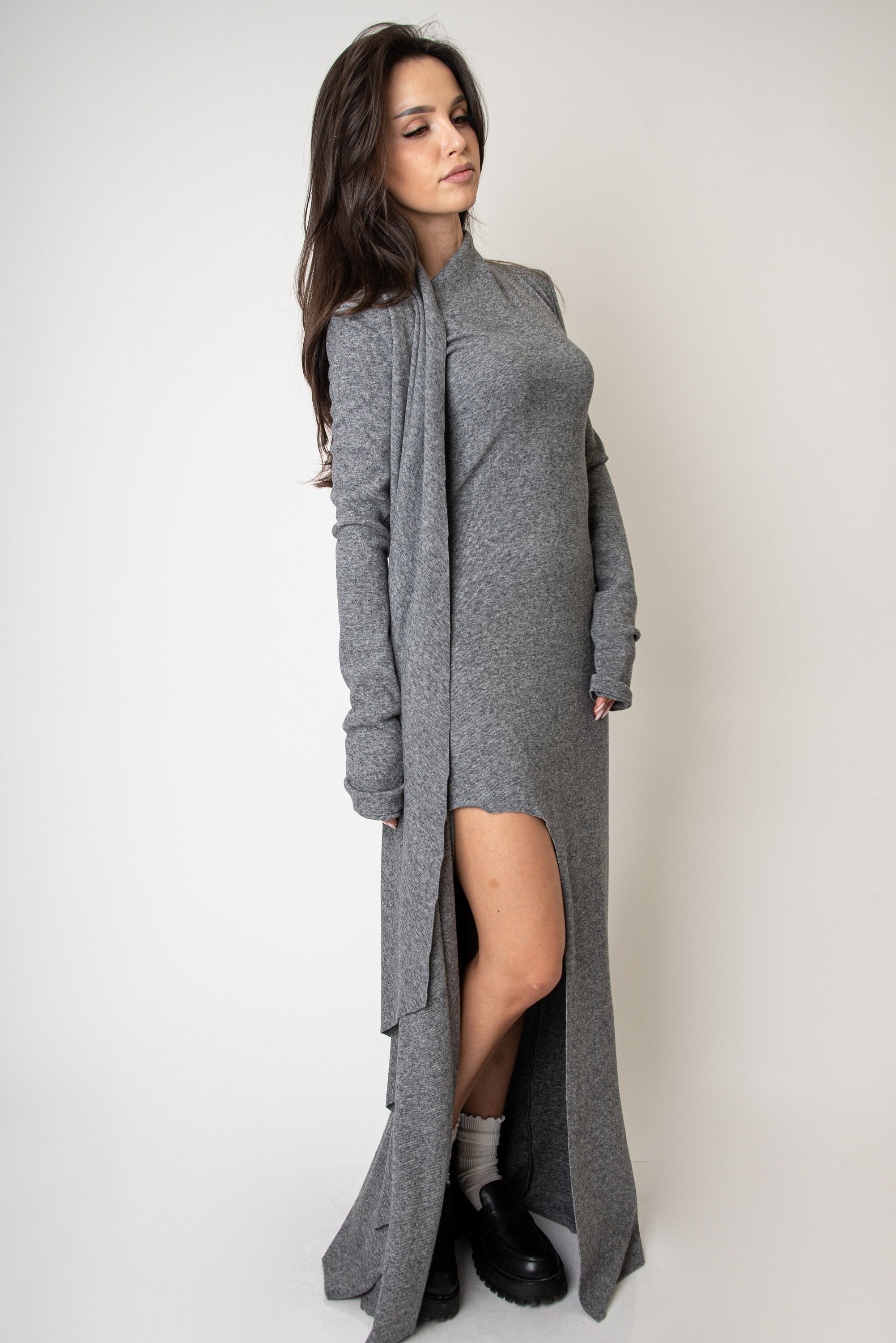 Knit Maxi Dress: Asymmetrical Wool Blend Gown With Slit/ae409 - Etsy Knit Maxi Dress: Asymmetrical Wool Blend Gown With Slit/ae409 - Etsy