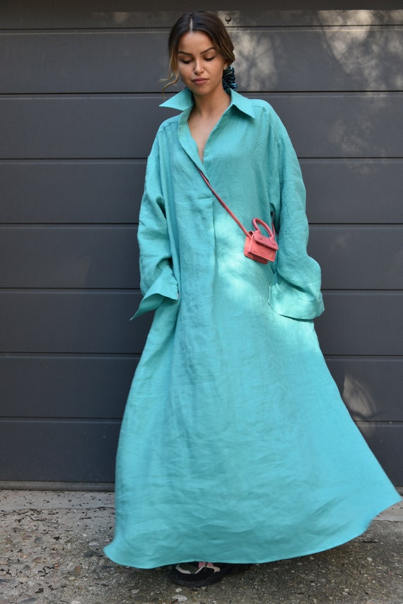 knee length dresses for ladies Linen Check Pattern Waist Sash Relaxed Maxi Shirtdress