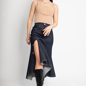 Handmade Maxi Skirt/Everyday Skirt/Asymmetrical Denim Skirt/Midi Wide Skirt/Edgy Streetwear Denim Skirt with Button Details/AE422