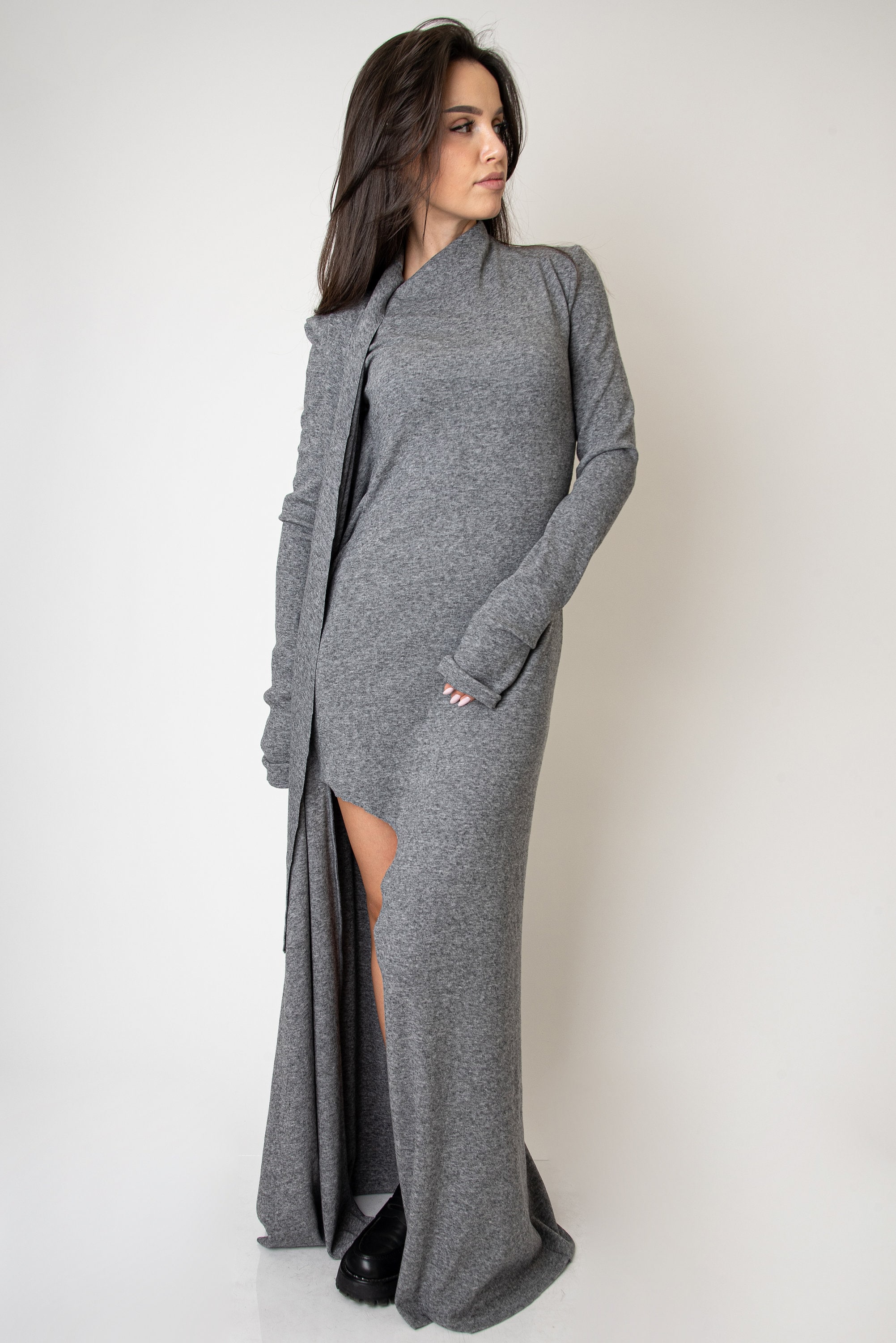 Knit Maxi Dress: Asymmetrical Wool Blend Gown With Slit/ae409