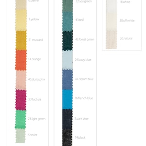 K&ouml;nnte beinhalten: Eine Farbkarte mit Stoffproben aus Leinen in verschiedenen Farben, darunter Creme, Gelb, Senf, Orange, Altrosa, Fuchsia, Hellgr&uuml;n, Minze, Seegr&uuml;n, T&uuml;rkis, Waldgr&uuml;n, Babyblau, Jeansblau, Franz&ouml;sisch Blau, Dunkelblau, Schwarz, Wei&szlig;, Off White und Natur. Die Karte enth&auml;lt den Farbnamen und die Nummer f&uuml;r jede Probe. Der Text "100% Li 150gr/m&sup2;" befindet sich am unteren Rand der Karte.