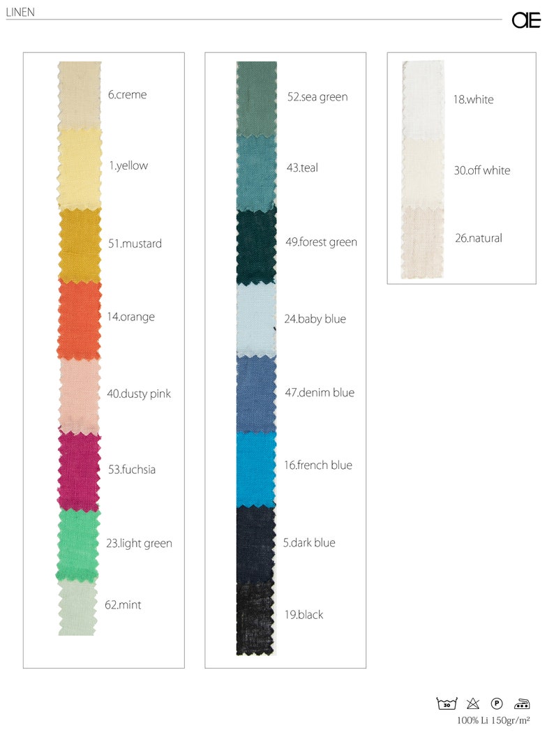 K&ouml;nnte beinhalten: Eine Farbkarte mit Stoffproben aus Leinen in verschiedenen Farben, darunter Creme, Gelb, Senf, Orange, Altrosa, Fuchsia, Hellgr&uuml;n, Minze, Seegr&uuml;n, T&uuml;rkis, Waldgr&uuml;n, Babyblau, Jeansblau, Franz&ouml;sisch Blau, Dunkelblau, Schwarz, Wei&szlig;, Off White und Natur. Die Karte enth&auml;lt den Farbnamen und die Nummer f&uuml;r jede Probe. Der Text "100% Li 150gr/m&sup2;" befindet sich am unteren Rand der Karte.