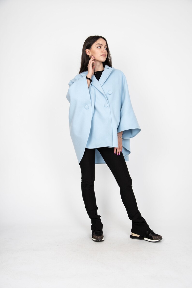 Blue Wool Coat/Fashion Jacket/Cape Coat/Windproof Jacket/Warm Coat/Plus Coat/Wool Cape Coat/Winter Cape Coat/Vintage Coat/Slow Fashion/AE362 image 3