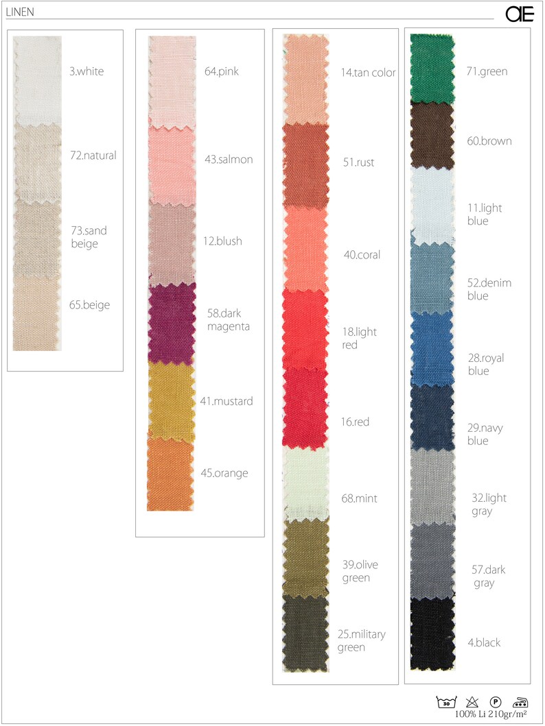 May include: A color chart of linen fabric swatches in various shades of white, beige, pink, salmon, red, coral, tan, green, brown, blue, gray, and black. The chart includes the color name and number for each swatch. The text "LINEN" and "CE" are at the top of the chart. The text "100% Li 210gr/m&sup2;" is at the bottom of the chart.
