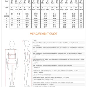 May include: Size chart for clothing with measurements in inches and centimeters. The chart includes sizes from XXS to 4XL. The chart also includes a diagram of a woman's body with labels for bust, underbust, waist, hips, biceps, leg inseam, overall height, length from waist to floor, length from shoulder to floor, length from shoulder to waist, and length from under bust to waist.