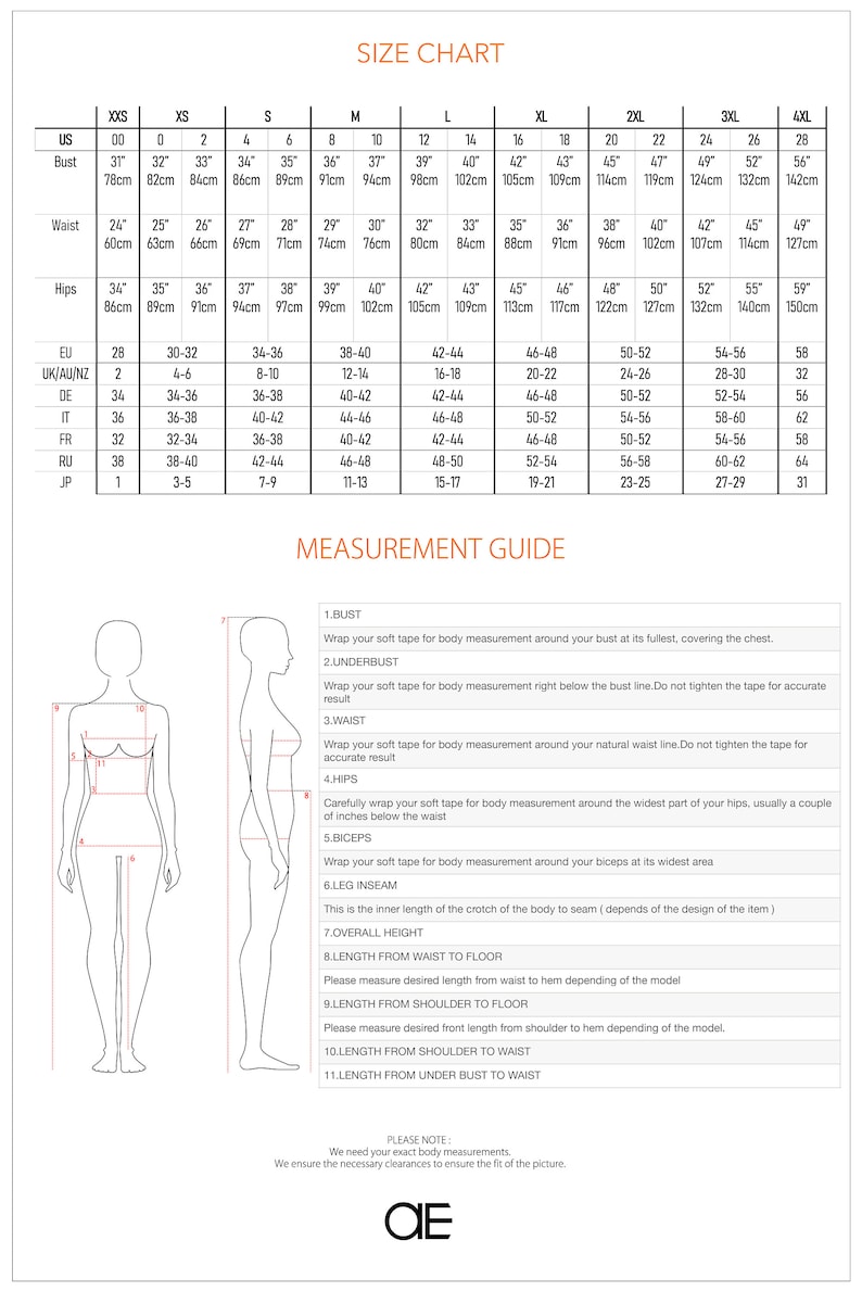 May include: Size chart for clothing with measurements in inches and centimeters. The chart includes sizes from XXS to 4XL. The chart also includes a diagram of a woman's body with labels for bust, underbust, waist, hips, biceps, leg inseam, overall height, length from waist to floor, length from shoulder to floor, length from shoulder to waist, and length from under bust to waist.