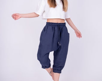 Drop Crotch Linen Pants/Handmade Comfortable Pants/Linen Harem Pants/Drop Crotch Pants/Navy Pants/Loose Pants/Loose Linen Trousers/AE197