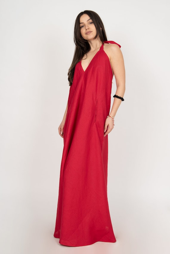 Kaftan Maxi Dress/red Dress/open Back Dress/linen Caftan/flax