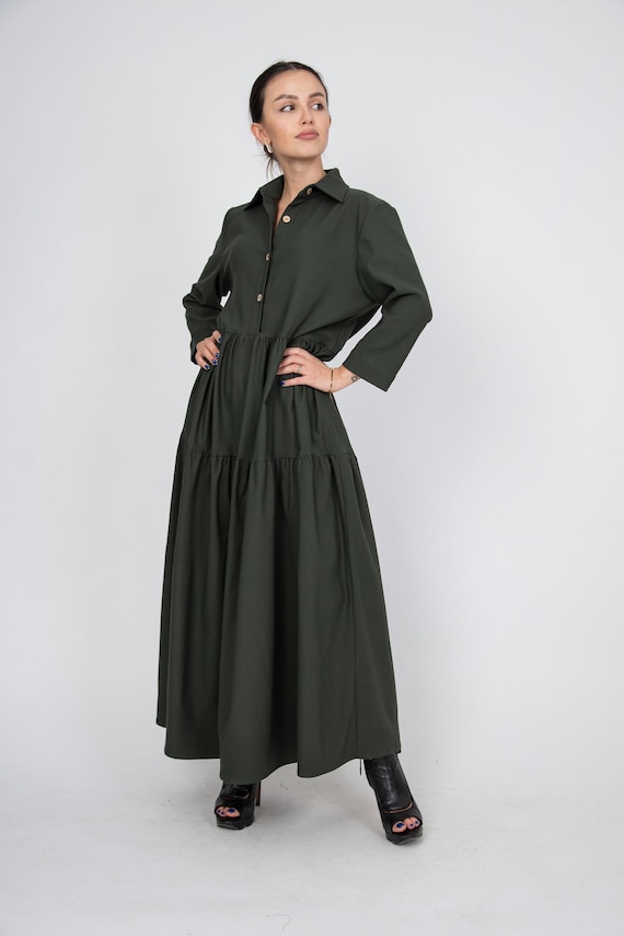 Wool Dress/Military Green Wool Dress/Winter Dress/Winter Evening Dress/Women's Winter Dress/Warm Winter Dress/Winter Maxi Dress/AE344