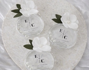 Personalized Glass Favor Bottles | Handmade Flower Decoration, Wedding Keepsakes