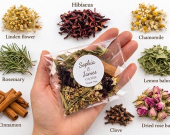 Sacchetto regalo personalizzato per tisana, ideale per matrimoni, addii al nubilato o battesimi.