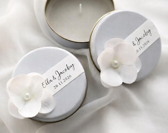 Personalized Wedding Favor Candles, Gold Metal Tin Guest Gifts, Elegant Bridal Shower Favors