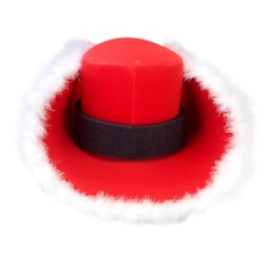 May include: A red Santa hat with a white fur trim. The hat has a black band around the crown.