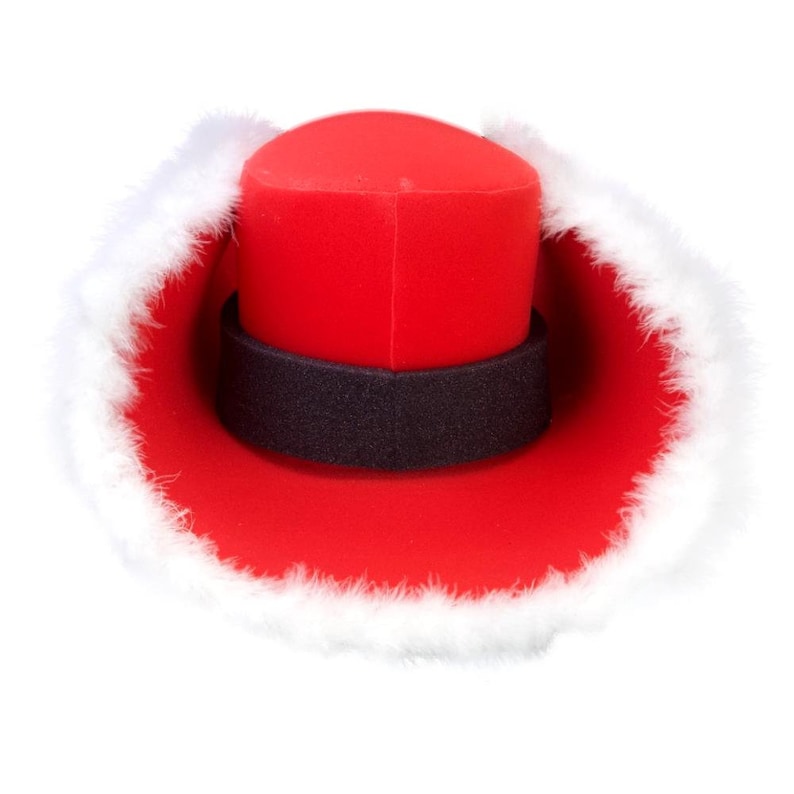 May include: A red Santa hat with a white fur trim. The hat has a black band around the crown.