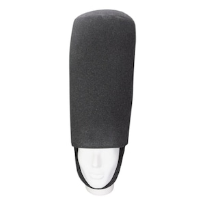May include: A tall, dark gray hat with a cylindrical shape, featuring a rounded top and a brim. The hat is displayed on a white mannequin head with a black chin strap. The hat's texture appears to be a dense, felt-like material.