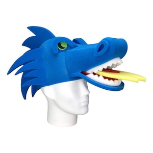 May include: Blue foam dragon head costume with a yellow tongue sticking out. The dragon has a green eye and white teeth.