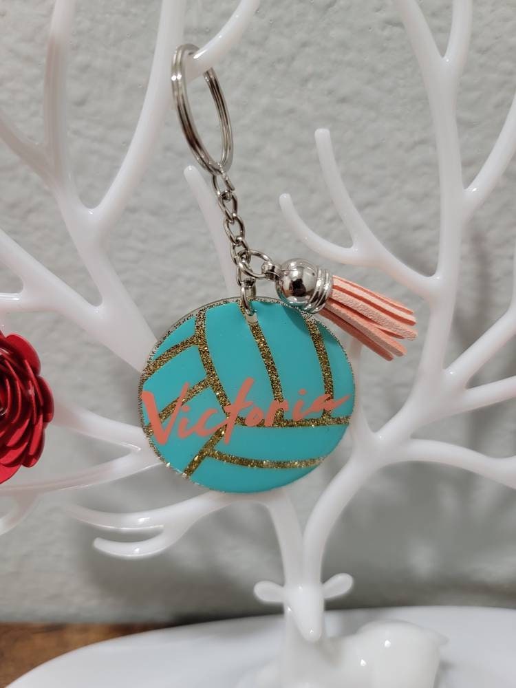 Volleyball acrylic keychain with leather tassel Etsy