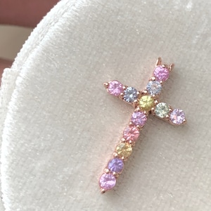 Custom Order for Om - Natural Fancy Sapphire 2.2 mm Cross Pendant in Solid 14k Rose Gold • Multicolor Sapphire Jewelry • Cross Pendant Charm image 1