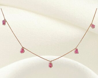 Pink Spinel Station Necklace Natural Spinel Geometric Cut with Diamond • 18kt Rose Gold • Minimal Spinel Jewelry KGJ1220