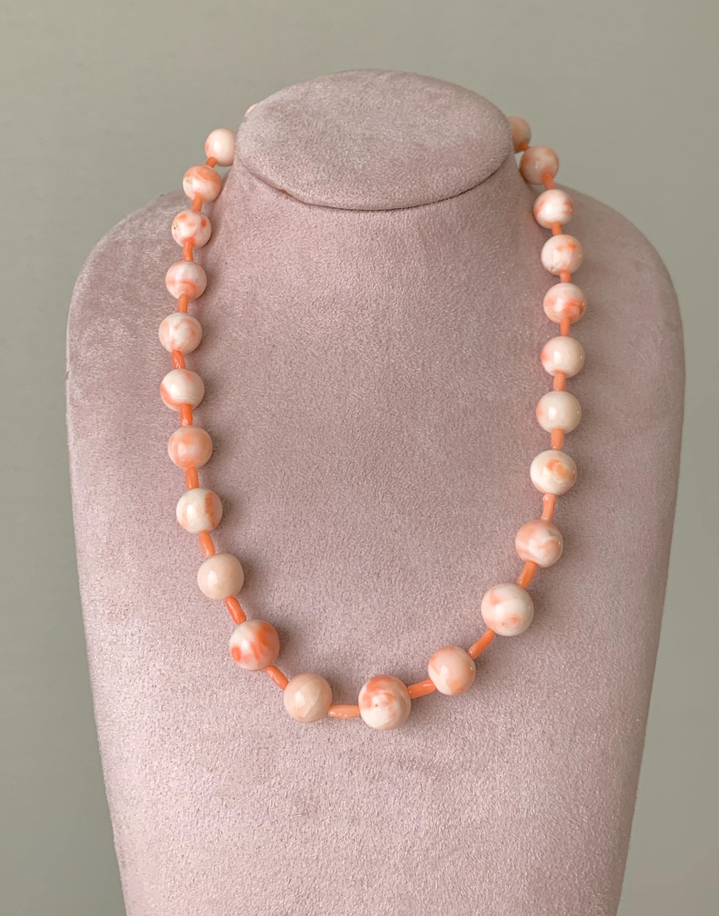 Vintage Angel Skin Coral Necklace 10.5 mm Round Bead Coral Necklace 44 CM