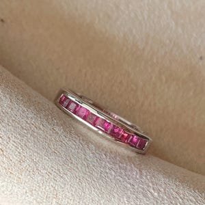 Natural Siamese Ruby Minimal Band in 18K White Gold Plated Silver - Ruby Channel Set Band Ring - 3.4 mm Width Ring Size US5