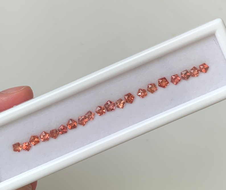 May include: A row of 17 small, faceted, orange-red gemstones in a white display box.