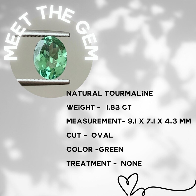May include: A green oval-shaped tourmaline gemstone weighing 1.83 carats. The stone measures 9.1 x 7.1 x 4.3 millimeters. It is a natural gemstone with no treatment.