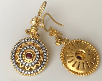 22Kt Gold Earring Round Shield Byzantine Style Art Jewelry - Hook Earring