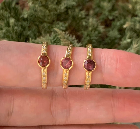 Spinel Bezel Ring with Diamond 9Kt Solid Yellow gold • Stackable Ring - Orange Spinel Ring