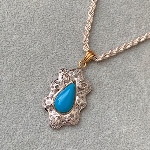 Sleeping Beauty Turquoise Pendant with Rose Cut Diamond in 18K Gold- Estate Jewelry- Artistic Turquoise Pendant