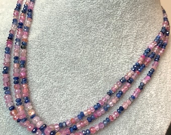 Multi-Color Sapphire Beaded Necklace • Faceted Natural Sapphire -Pink White Blue Sapphire - 3 Layered Choker Necklace with Silver Clasps