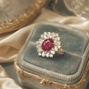 Peut inclure: Une bague en argent ornée d'un grand rubis rouge foncé taille ovale au centre, entouré d'une grappe de nombreux petits diamants clairs taille poire et ronde. L'anneau présente une finition métallique texturée et repose sur un coussin en velours.