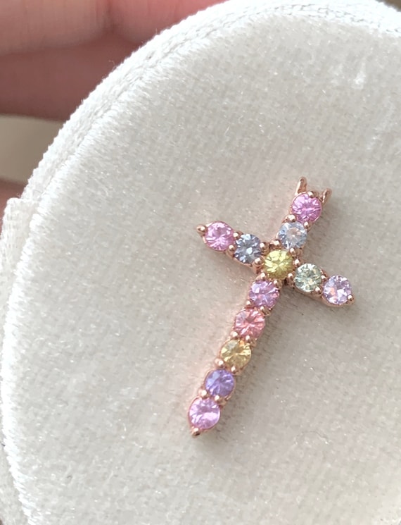 Custom Order for Om - Natural Fancy Sapphire 2.2 mm Cross Pendant in Solid 14k Rose Gold • Multicolor Sapphire Jewelry • Cross Pendant Charm