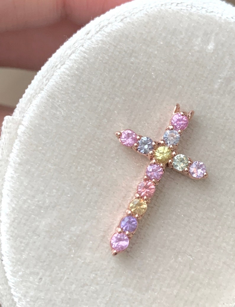 Custom Order for Om - Natural Fancy Sapphire 2.2 mm Cross Pendant in Solid 14k Rose Gold • Multicolor Sapphire Jewelry • Cross Pendant Charm image 1
