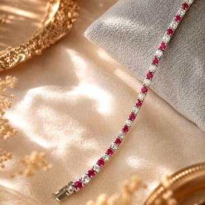 Vintage Silver Bracelet - Radiant Blossom Lab Created Ruby & CZ Tennis Bracelet - Classic Prong Set Bracelet 3.8 mm x 18 CM