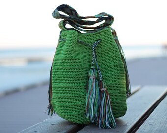 Artisanal Boho Crochet Colorful Tote Bag Handmade in Mexico in Evergreen