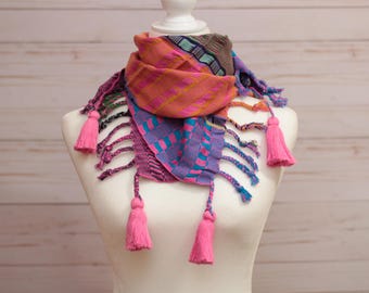 Handwoven Bohemian Scarf – 100% Cotton Shawl from Chiapas, Mexico