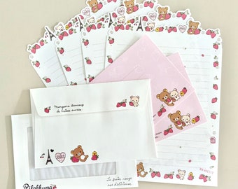 San-X déc. 2014 Rilakkuma « Strawberry In Paris » #2 Lot d'échantillons de lettres - 4 feuilles, 2 cartes d'adresse, 2 enveloppes.