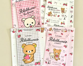 San-X déc. 2014 Rilakkuma « Strawberry In Paris » Lot d'échantillons de lettres n° 1 - 8 feuilles, 4 enveloppes.