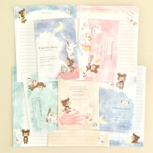 Paquete de muestra de cartas Kamio Cute Kawaii Bear, Rabbit and Hedgehog “Cheerful Story”: 10 hojas de cartas, 5 sobres.