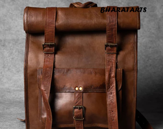 Genuine Leather Backpack, Rucksack Laptop Bag, Water Resistant Roll Top Bag, College Book bag, Gift for him / her - Gift FOR HIM HER